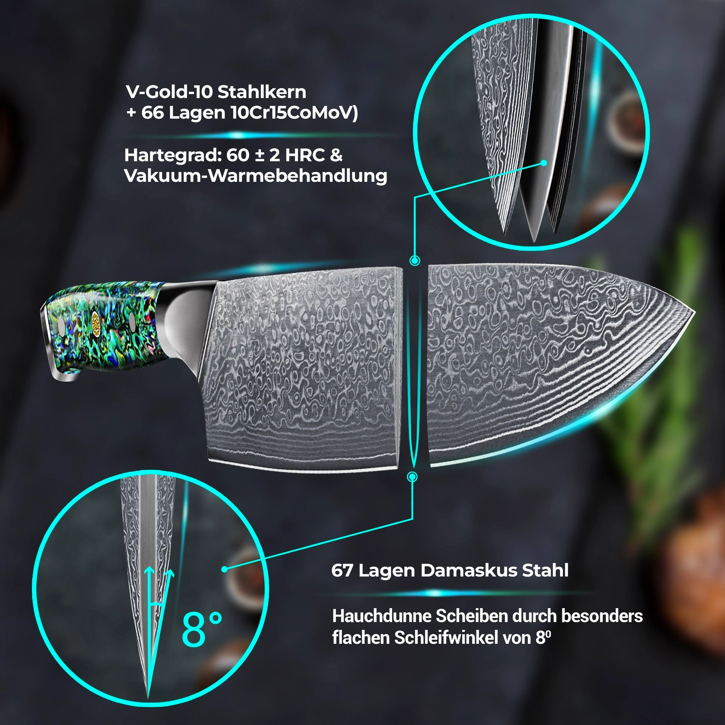 Calisso Messer-Set Abalone Line Küchenmesser Damastmesser (Advanced Set, 6-tlg), Damaskus Stahl