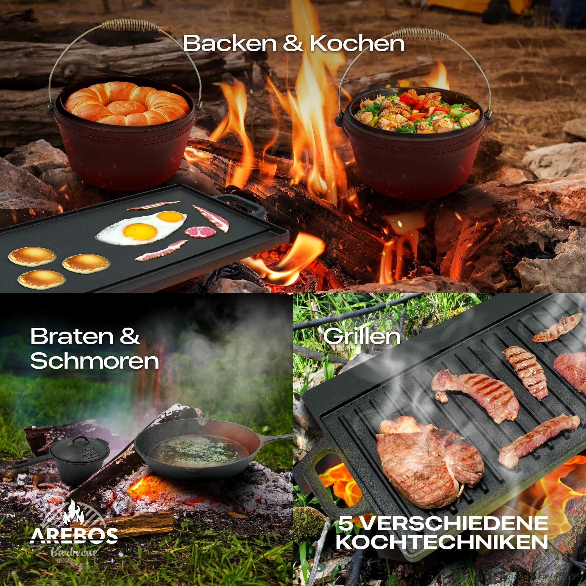 Arebos Topf-Set Dutch Over BBQ Set aus Gusseisen Feuertopf Schmortopf, (Set)