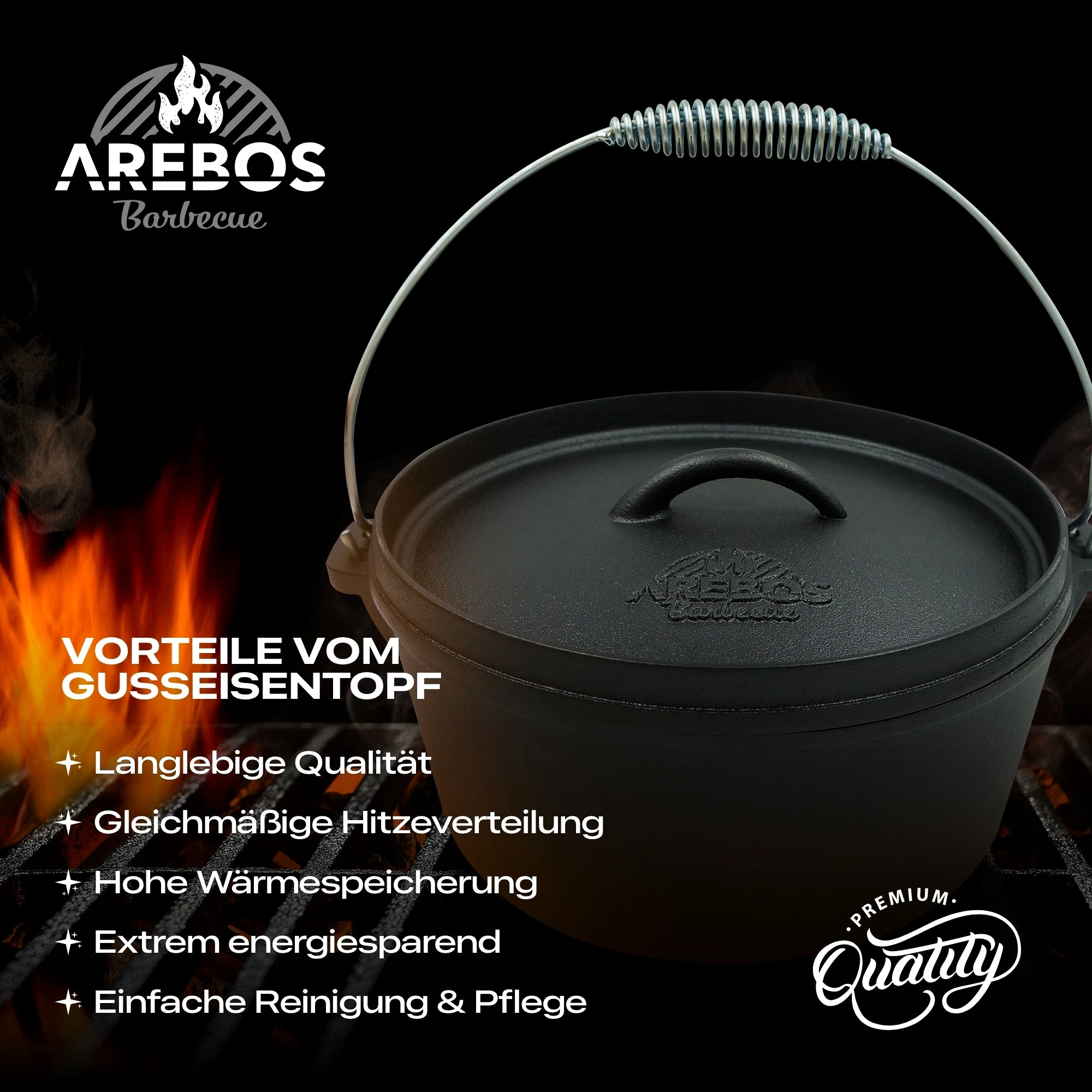 Arebos Topf-Set Dutch Over BBQ Set aus Gusseisen Feuertopf Schmortopf, (Set)