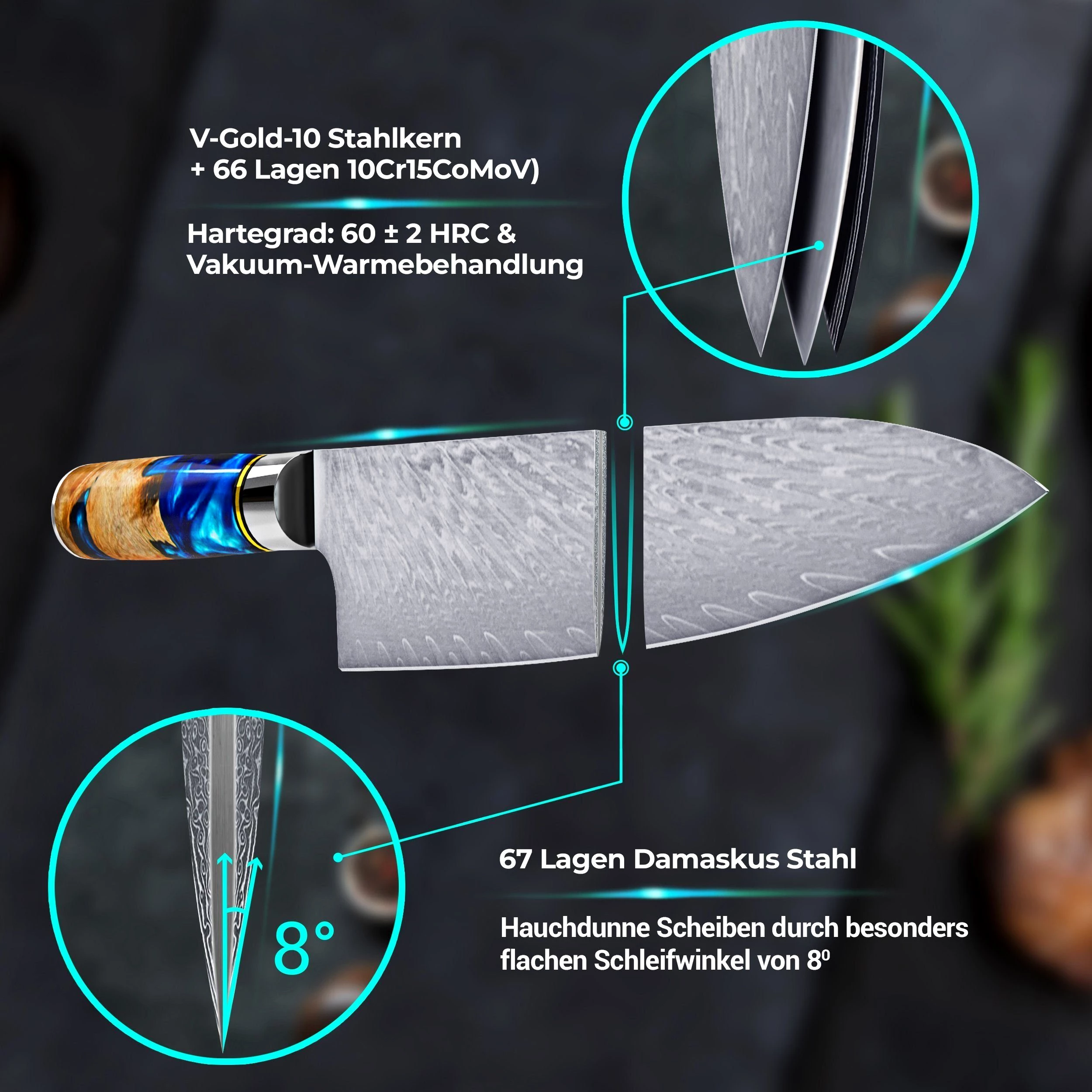 Calisso Messer-Set Aquamarine Line Küchenmesser Damastmesser Messerset , Damastmesser